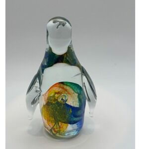 Hand Blown Art Glass Penguin Figurine Multi Color Swirl Paperweight 4.5 Inch